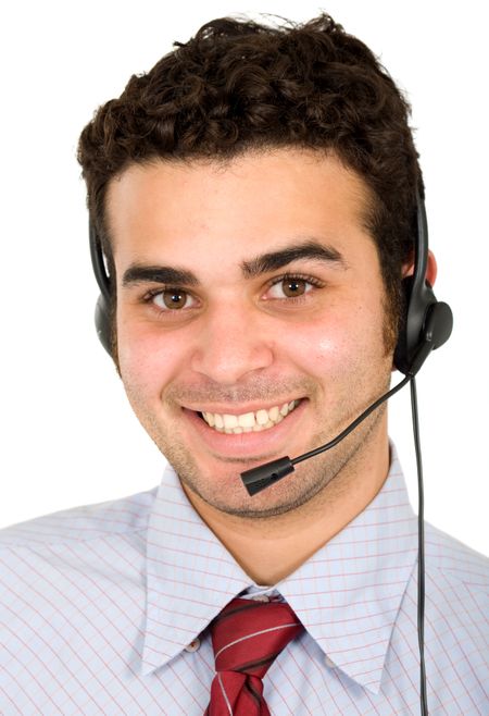 male customer service representative smiling over a white background