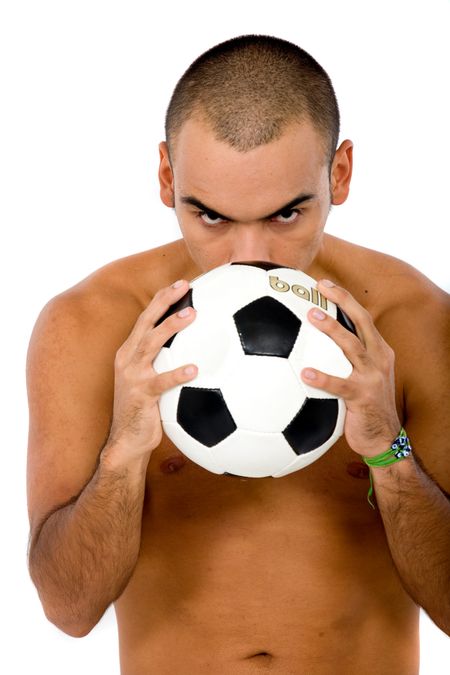 man with a football portrait over a white background