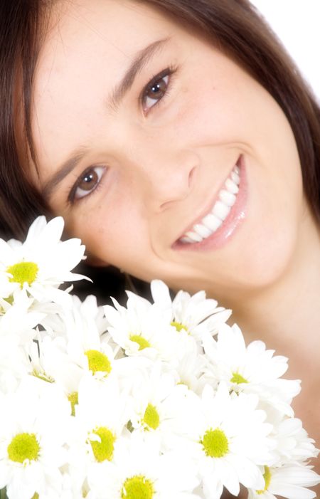 beautiful girl with flowers portrait with a big smile