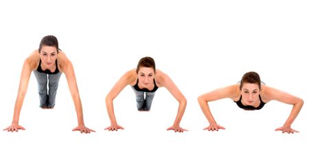 sequence of a girl doing exercise - push ups over a white background