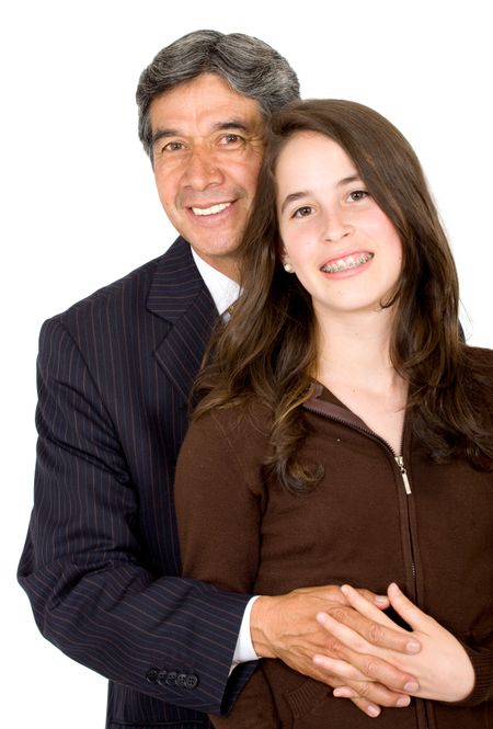 father and daughter over a white background
