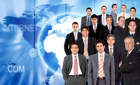 Group of business men over a worldwide map
