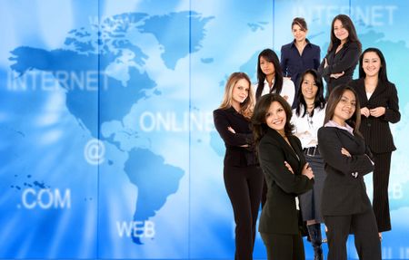 Group of business women over a world map