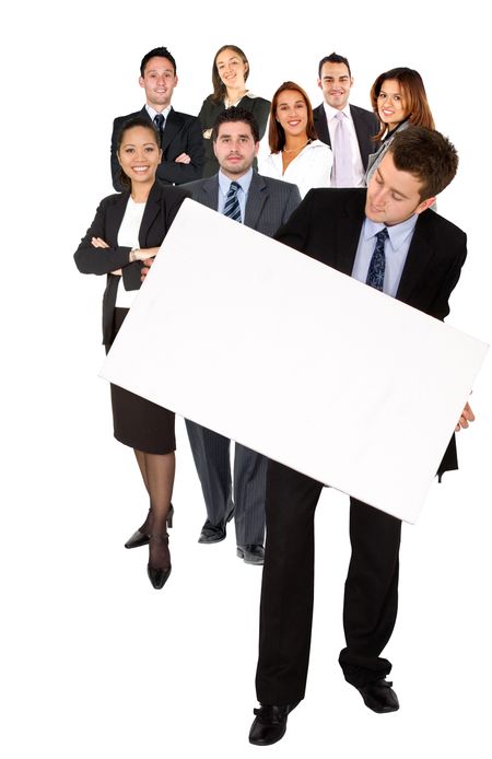 Business man with a banner and a group of people isolated