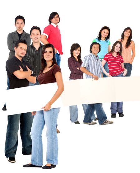 Two groups of people with banners isolated over white