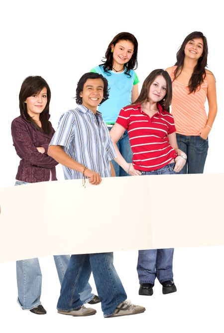 Group of young people with a banner isolated over white