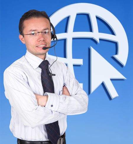 business man with a headset over blue background