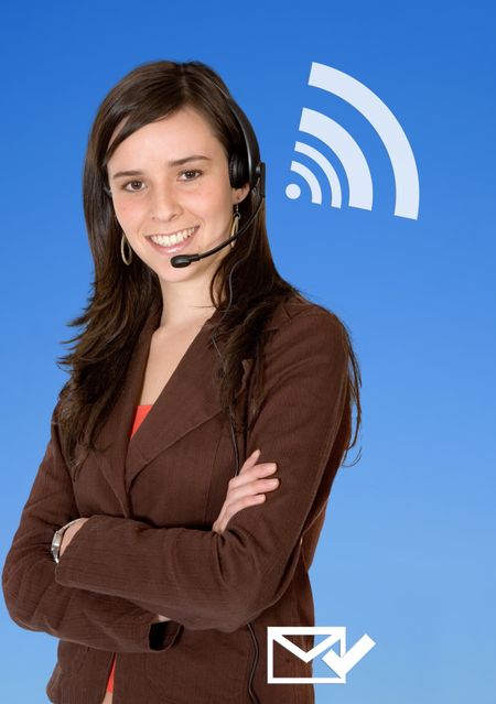 smiley girl with headset over a blue background