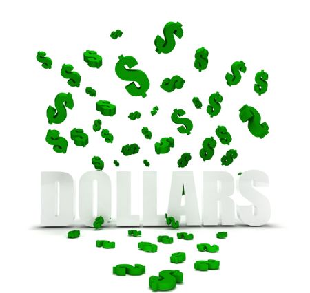 Dollar symbol raining over the word 'dollars' isolated