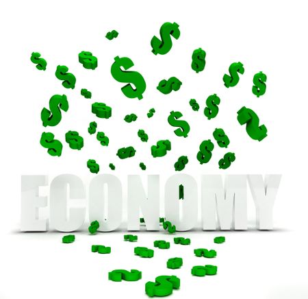 Dollar symbol raining over the word economy isolated