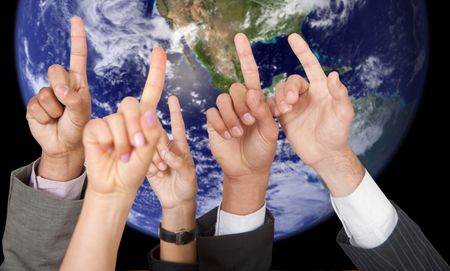 People raising their hands to participate and the earth on the background