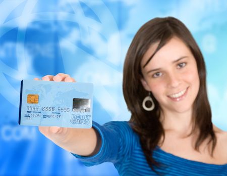 beautiful casual girl holding a credit card
