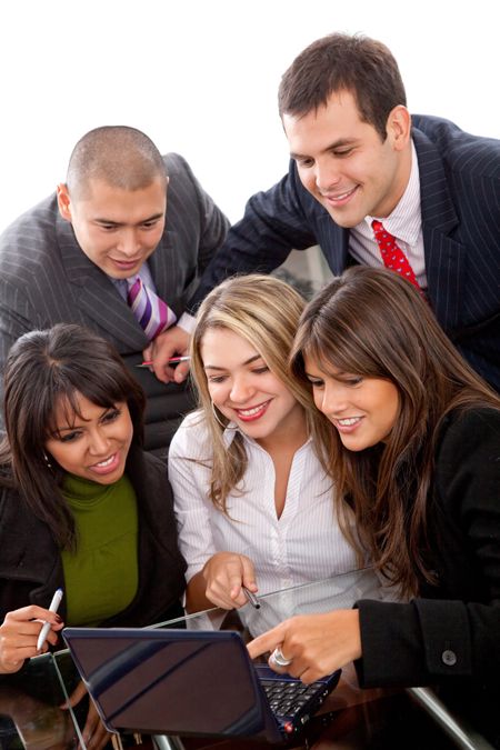 business group with laptop isolated over white