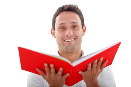 Man with an opened book isolated over white