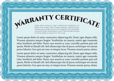 Sample Warranty certificate template. Complex frame. With sample text. Vector illustration. 