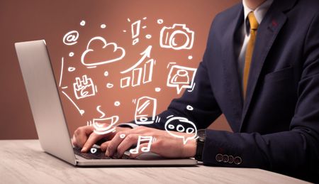 An elegant businessman sitting at desk and pushing the buttons of his laptop keyboard while working on everyday office tasksillustration concept