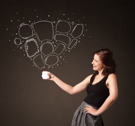 Businesswoman standing and holding a white cup with drawn speech bubbles coming out of the cup