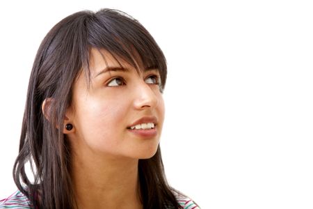 Young woman portrait looking at the corner of the image isolated