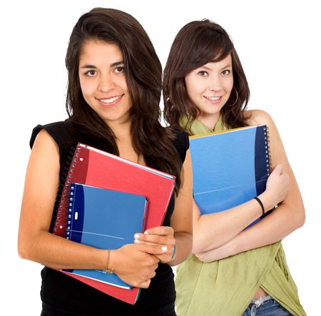 female students carrying notebooks over a white background
