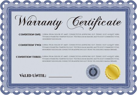 Sample Warranty certificate. With background. Perfect style. Complex border. 