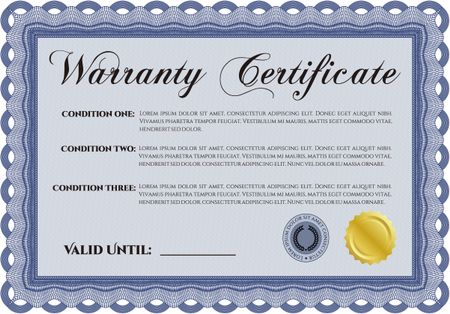 Sample Warranty certificate. With background. Perfect style. Complex border.