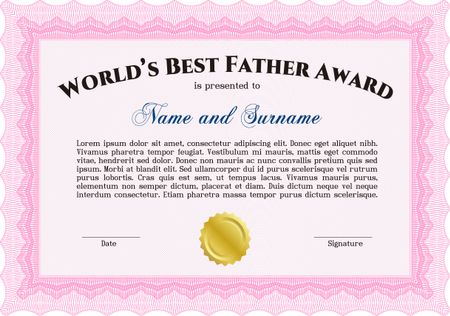 World's Best Dad Award Template. With guilloche pattern and background. Border, frame.Beauty design. 