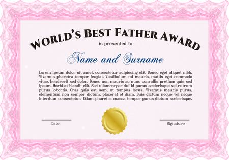 World's Best Dad Award Template. With guilloche pattern and background. Border, frame.Beauty design.