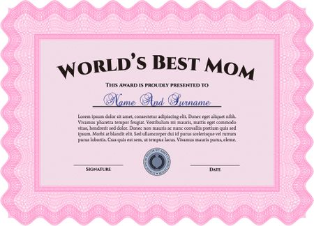 World's Best Mom Award Template. Detailed.With great quality guilloche pattern. Retro design. 