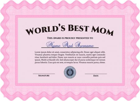 World's Best Mom Award Template. Detailed.With great quality guilloche pattern. Retro design.