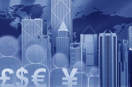 Finance illustration with a business city landscape and currency symbols