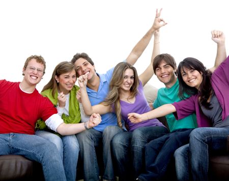 Happy group of people sitting on a couch isolated