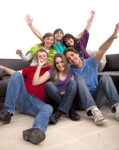Happy group of friends smiling indoors isolated