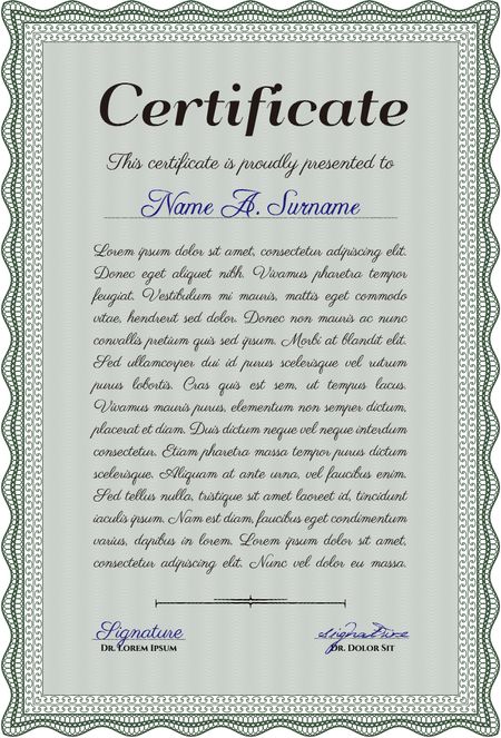 Diploma or certificate template. Money style.With background. Complex design. 