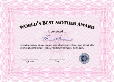 Best Mom Award Template. Good design. Complex background. Border, frame.