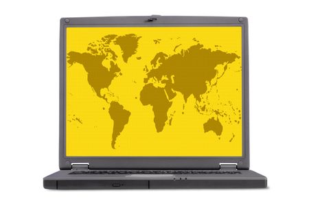 abstract yellow world map on a laptop screen, view from the front