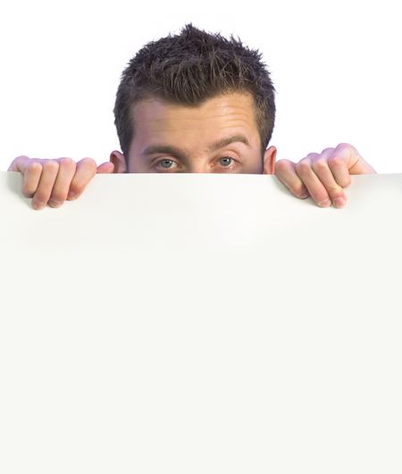 confident business man holding a white card, good space for writing or placing an image