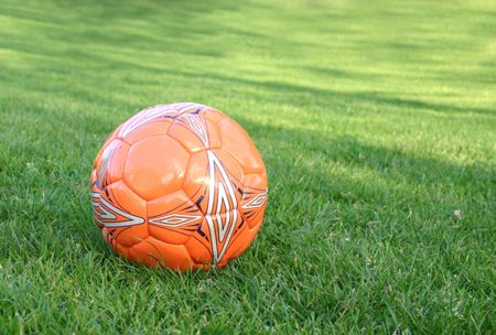 orange soccer ball lying on a park