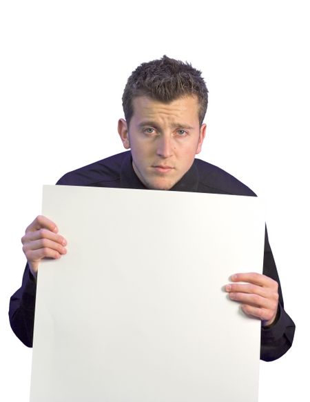 bored business man holding a piece of paper, nice for writing or placing an image