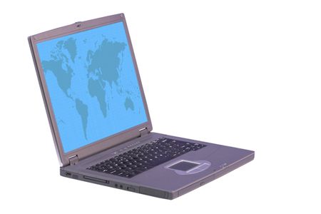 laptop computer showing a world map on the screen over a white background