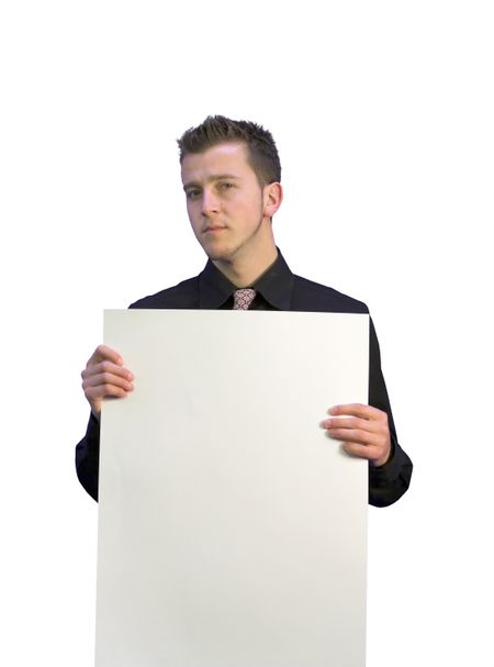 business man holding a white card looking very serious