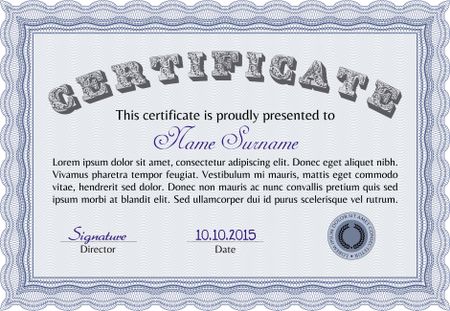 Certificate or diploma template. Artistry design. Complex background. Money style.