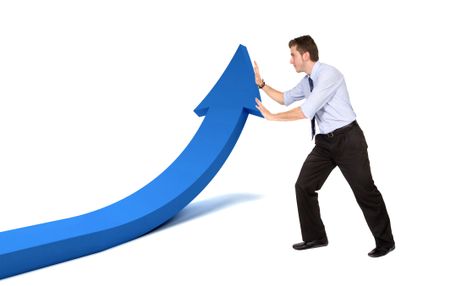 business man pushing an arrow to go up isolated over white