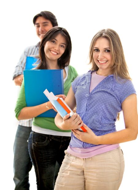 Group of students with notebooks isolated over white