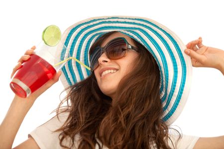 Summer woman with hat and a drink isolated