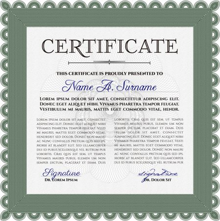 Certificate. Printer friendly. Detailed. Complex design. Green color.