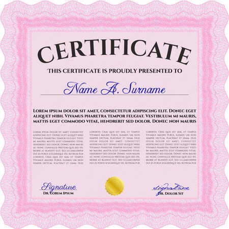 Awesome Certificate templateAward. Money Pattern. With great quality guilloche pattern. Pink color.