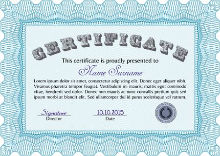 Light blue Certificate. Complex design. Detailed. Printer friendly. 