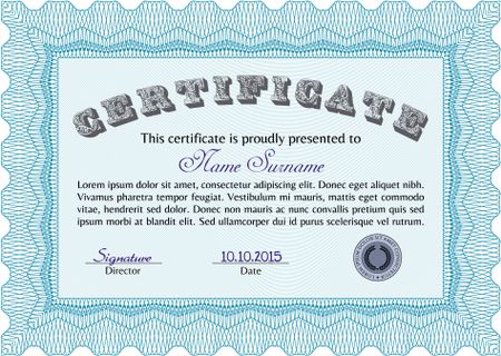 Light blue Certificate. Complex design. Detailed. Printer friendly.