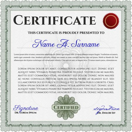 Certificate or diploma template. Customizable, Easy to edit and change colors. Cordial design. Easy to print. Green color.