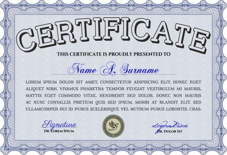 Sample Diploma. With linear background. Frame certificate template Vector. Elegant design. Blue color.
